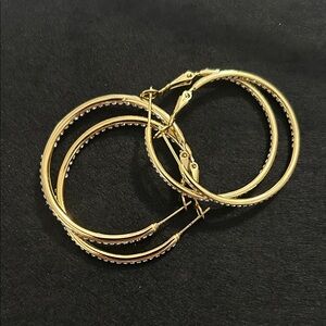 Two Pairs Gold Hoop Earrings With Faux Diamond Accents Inside and Out